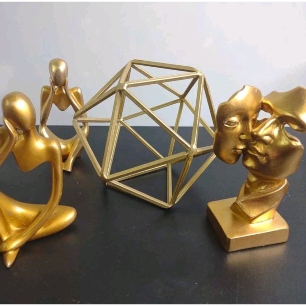 Modern Gold Abstract Sculpture & Geometric Decor Lot – Yoga Figures & Kiss